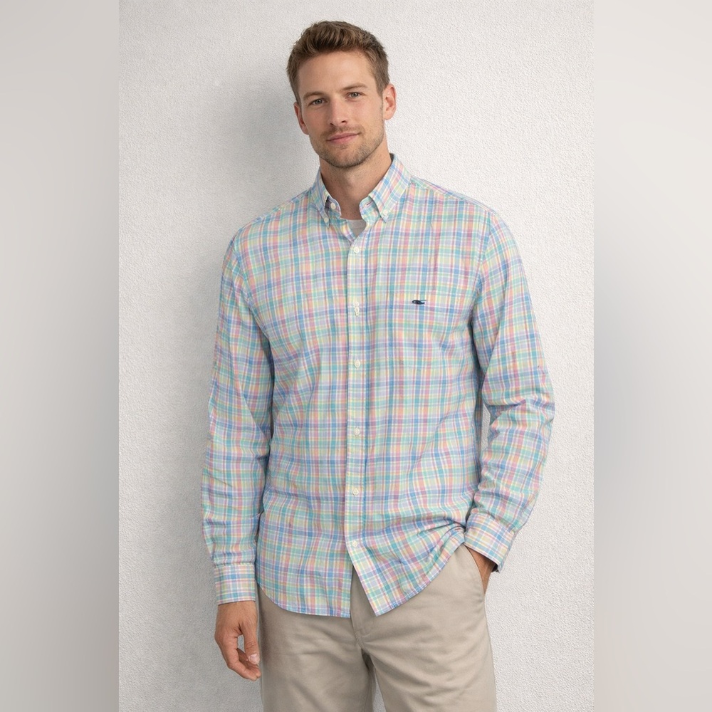 Vineyard Vines Slim Fit Tucker Shirt Medium Pastel Plaid 100%‎ Cotton